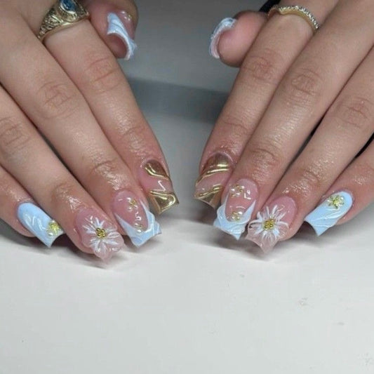 10pcs Handmade Coffin Press-On Nails – Gold & Blue  Artificial Gems & Floral Design - Coffin Set