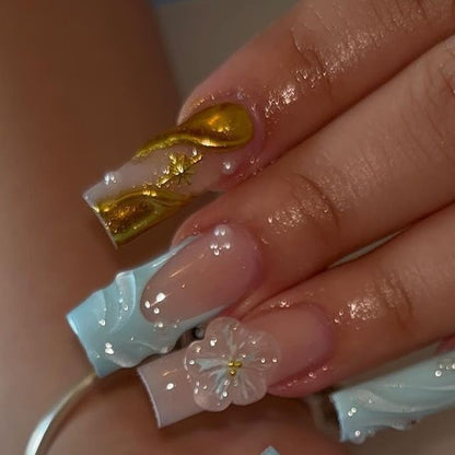 10pcs Handmade Coffin Press-On Nails – Gold & Blue  Artificial Gems & Floral Design - Coffin Set