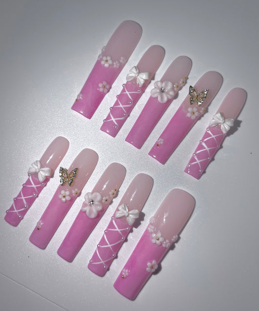 10pcs Handmade Coffin Press-On Nails – 3D Bow & Butterfly Design - Coffin Set