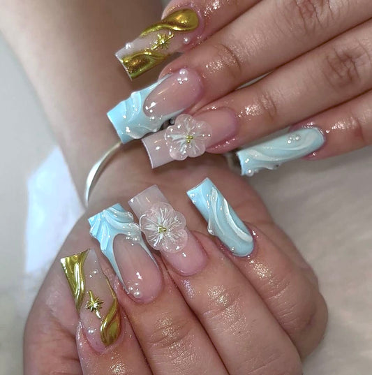 10pcs Handmade Coffin Press-On Nails – Gold & Blue  Artificial Gems & Floral Design - Coffin Set
