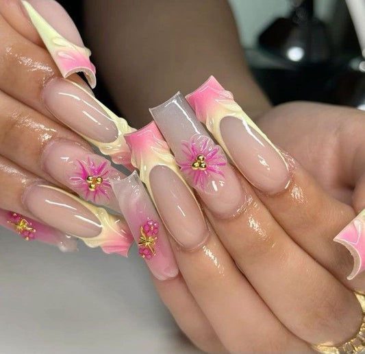 10pcs Handmade Coffin Press-On Nails Short – Floral 3D Artificial Gems Bow & Pink Design - Coffin Set